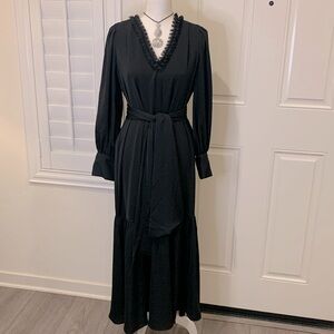Banana Republic v-neck with ruffles lantern sleeves maxi dress w/valance & tie S